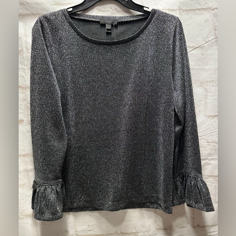 J Crew Black Silver Metallic Sparkle Bell Sleeve‎ size Large